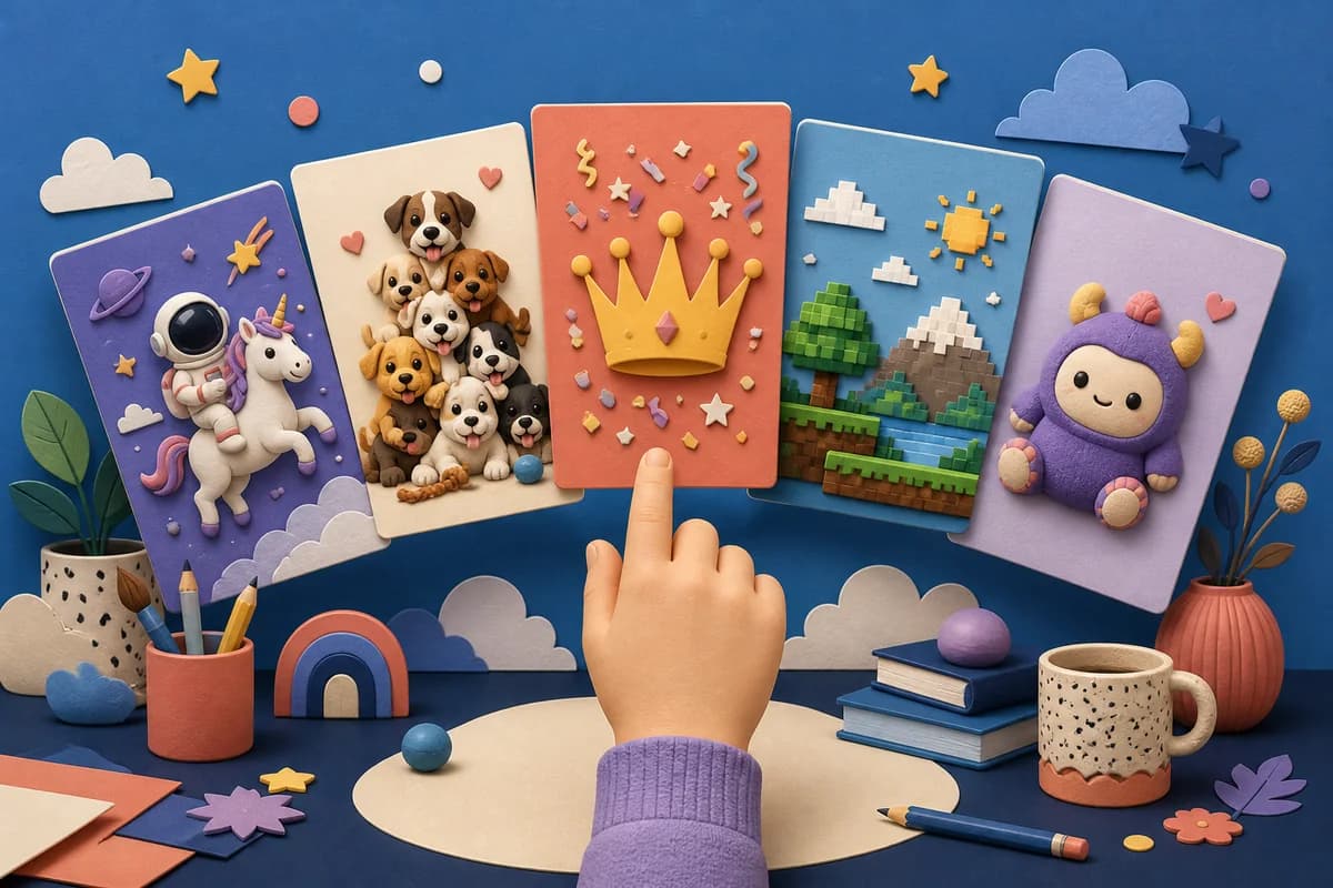A hand choosing from five playful greeting card ideas